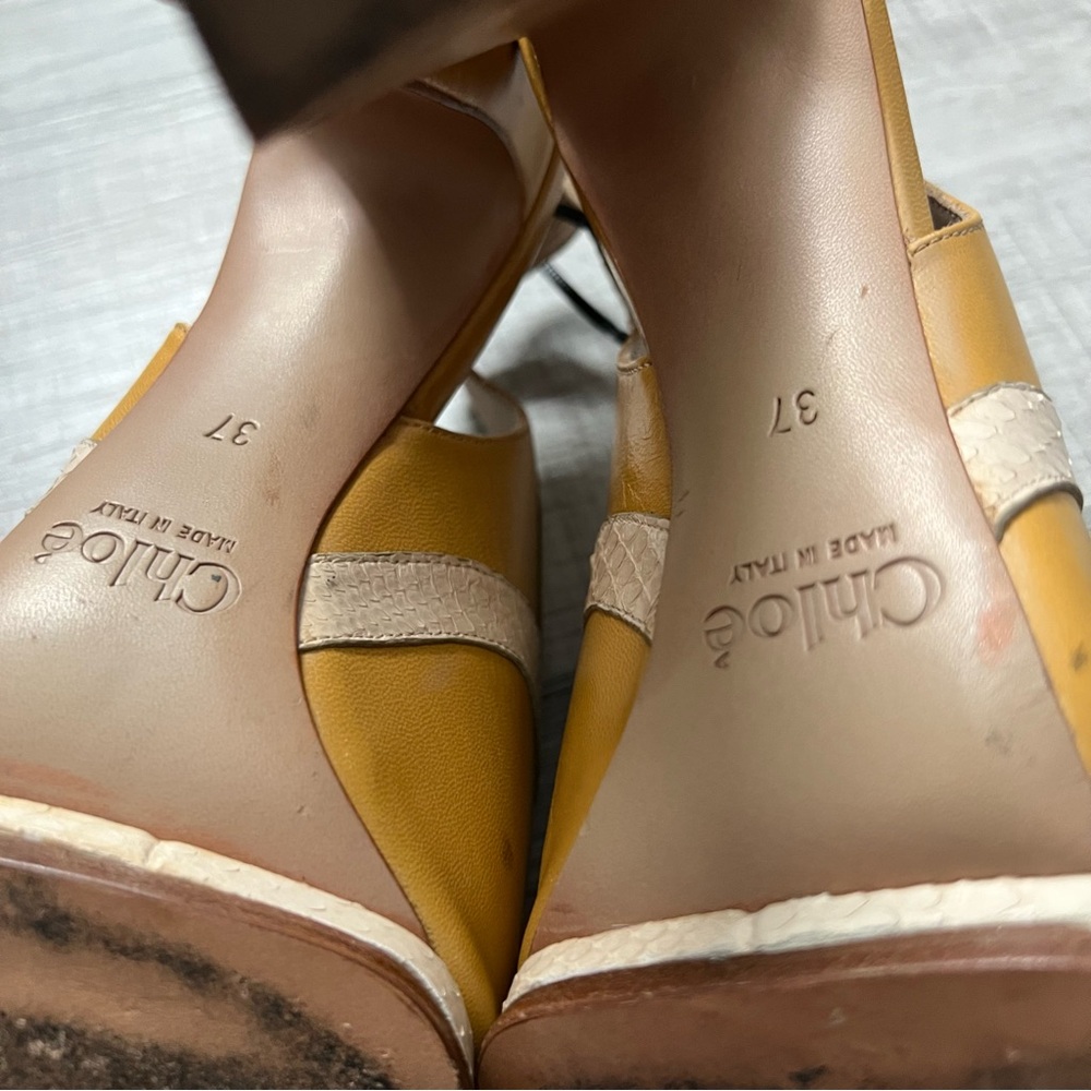CHLOE Snakeskin Embossed And Leather Slingback Heeled Sandals 37 Mustard Cream - Picture 15 of 16